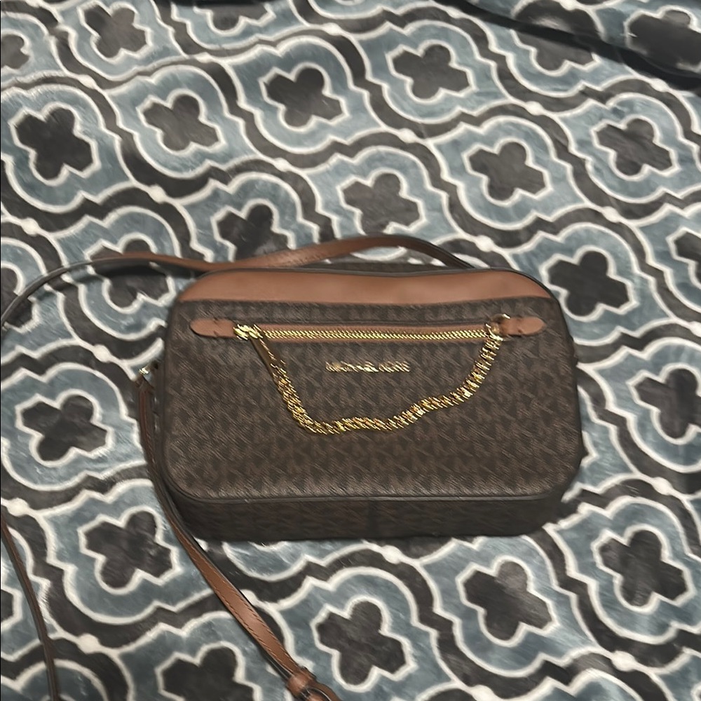 Michael Kors Tan and Brown Crossbody Bag with Gold Accents